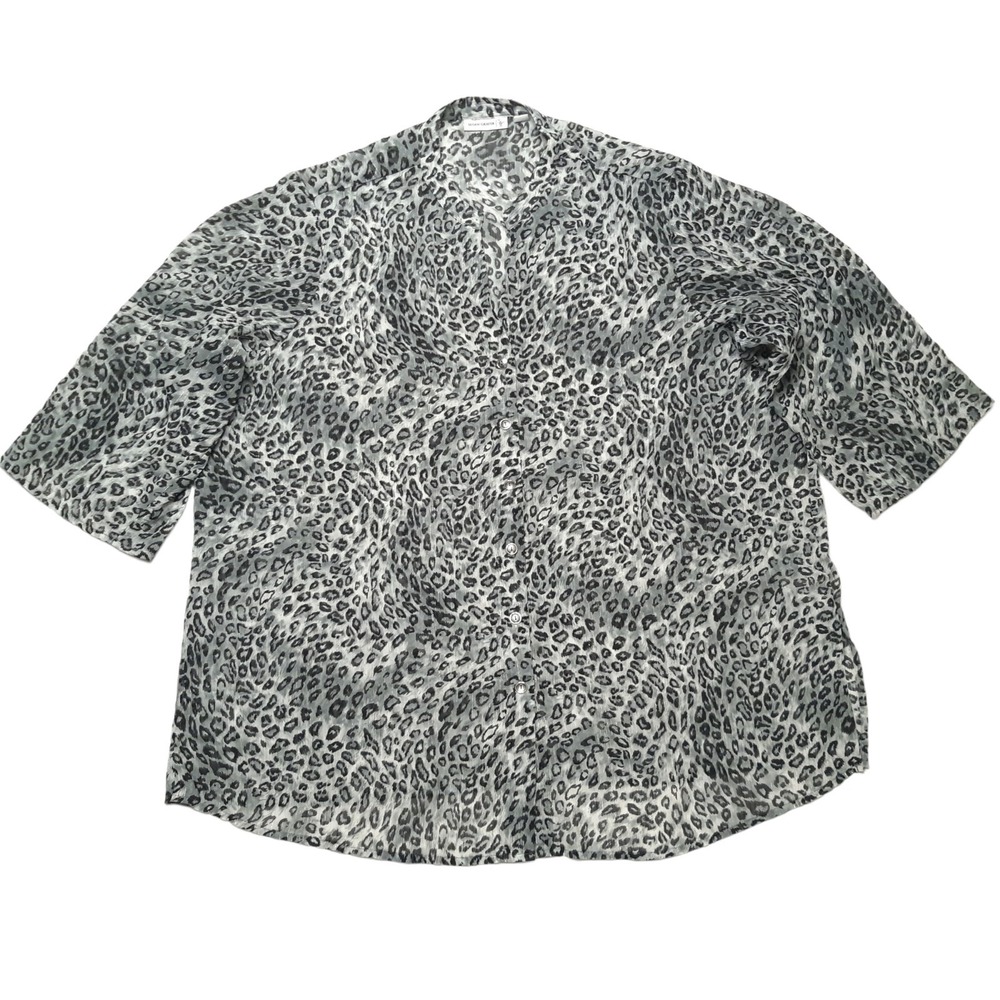 Susan Graver Top Womens Plus 2X Gray Sheer Leopard Print Button Down Shirt‎